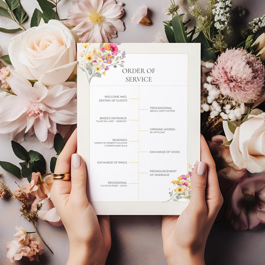 Wedding Ceremony Program Template Elegant Floral Design Watercolor Collection Custom Digital Download Beautiful Gold Accent Details Romantic Wedding Guide Complete Service Order Template Customizable Text Layout Modern Wedding Essential