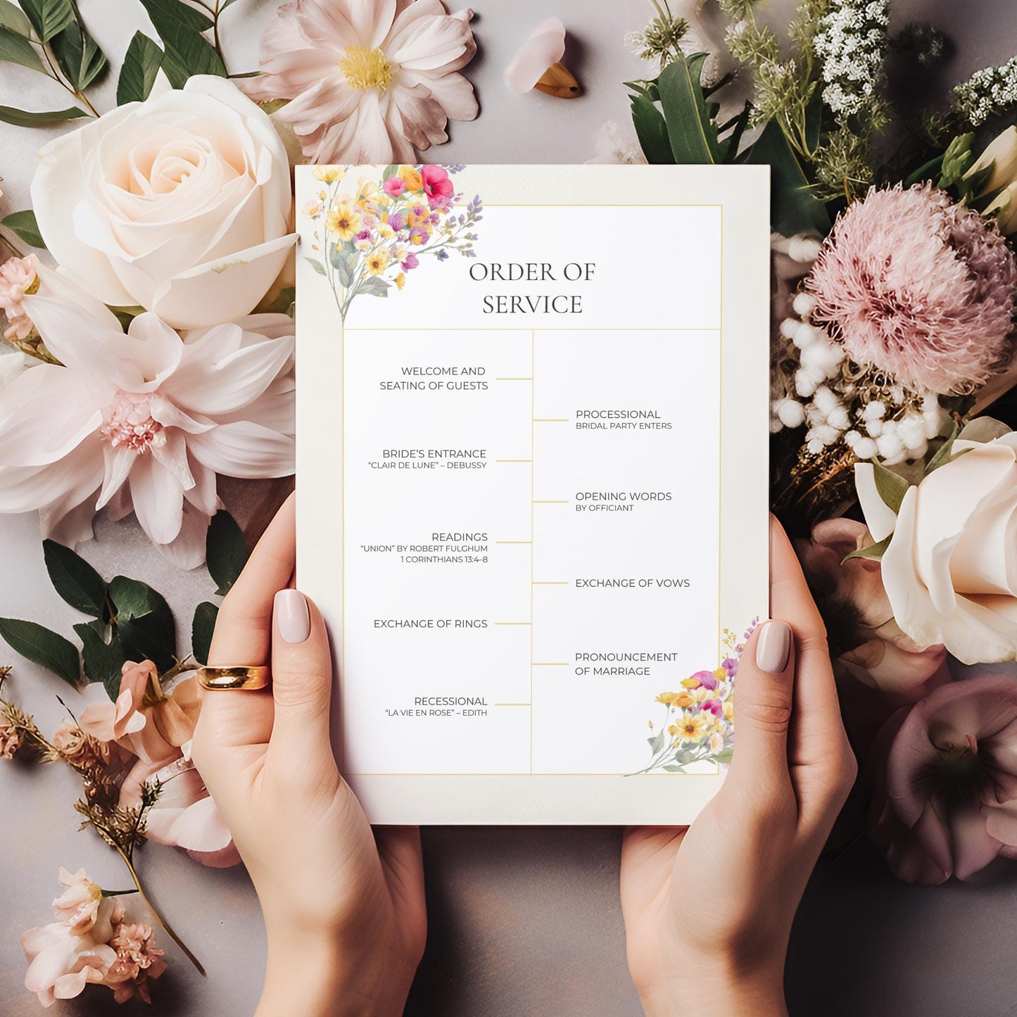 Wedding Ceremony Program Template Elegant Floral Design Watercolor Collection Custom Digital Download Beautiful Gold Accent Details Romantic Wedding Guide Complete Service Order Template Customizable Text Layout Modern Wedding Essential