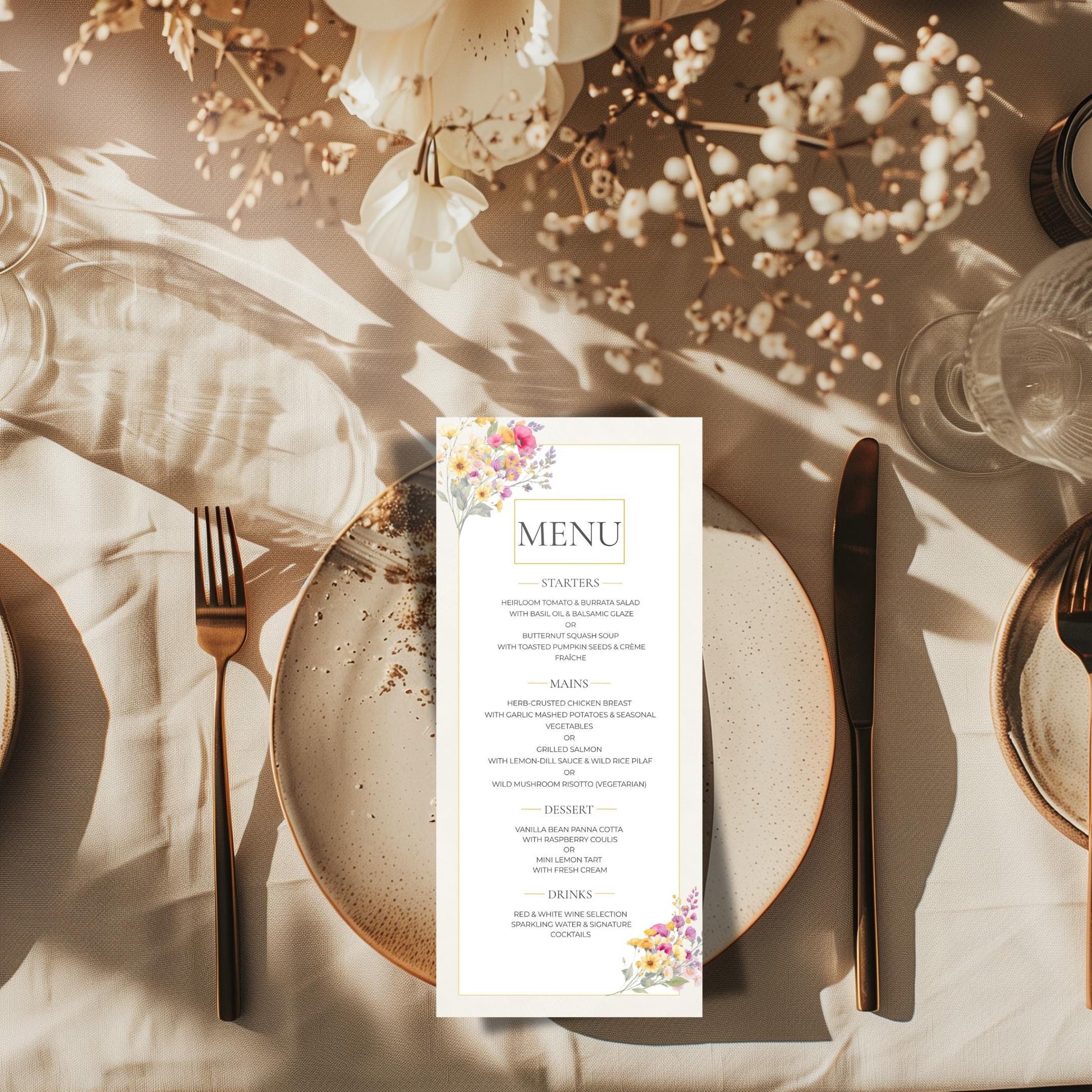 Wedding Menu Template Design Download Digital File Instant Access Bridal Stationery Wedding Reception Dinner Menu Table Display Elegant Look