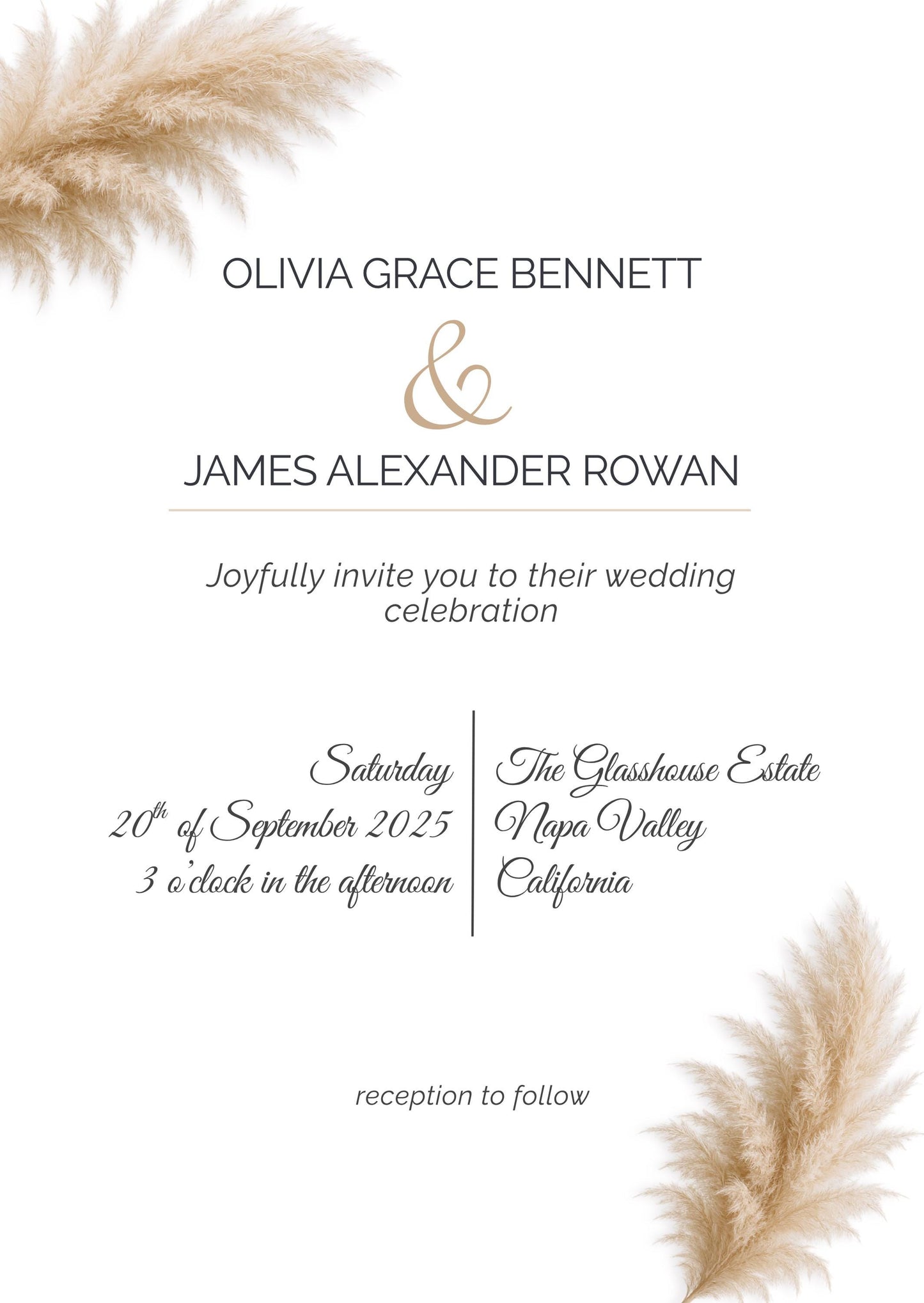 Modern Pampas Grass Wedding Invitation Template – Elegant Minimalist Editable Invite, Boho Neutral Wedding, Instant Download Canva Template