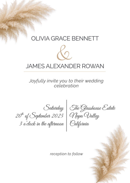 Modern Pampas Grass Wedding Invitation Template – Elegant Minimalist Editable Invite, Boho Neutral Wedding, Instant Download Canva Template