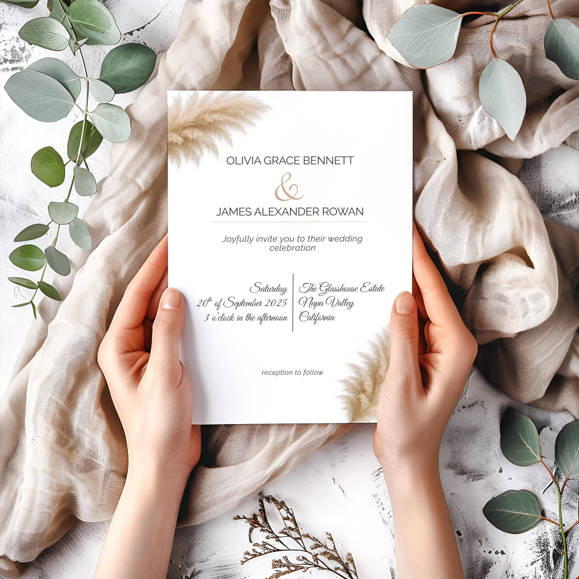 Modern Pampas Grass Wedding Invitation Template – Elegant Minimalist Editable Invite, Boho Neutral Wedding, Instant Download Canva Template