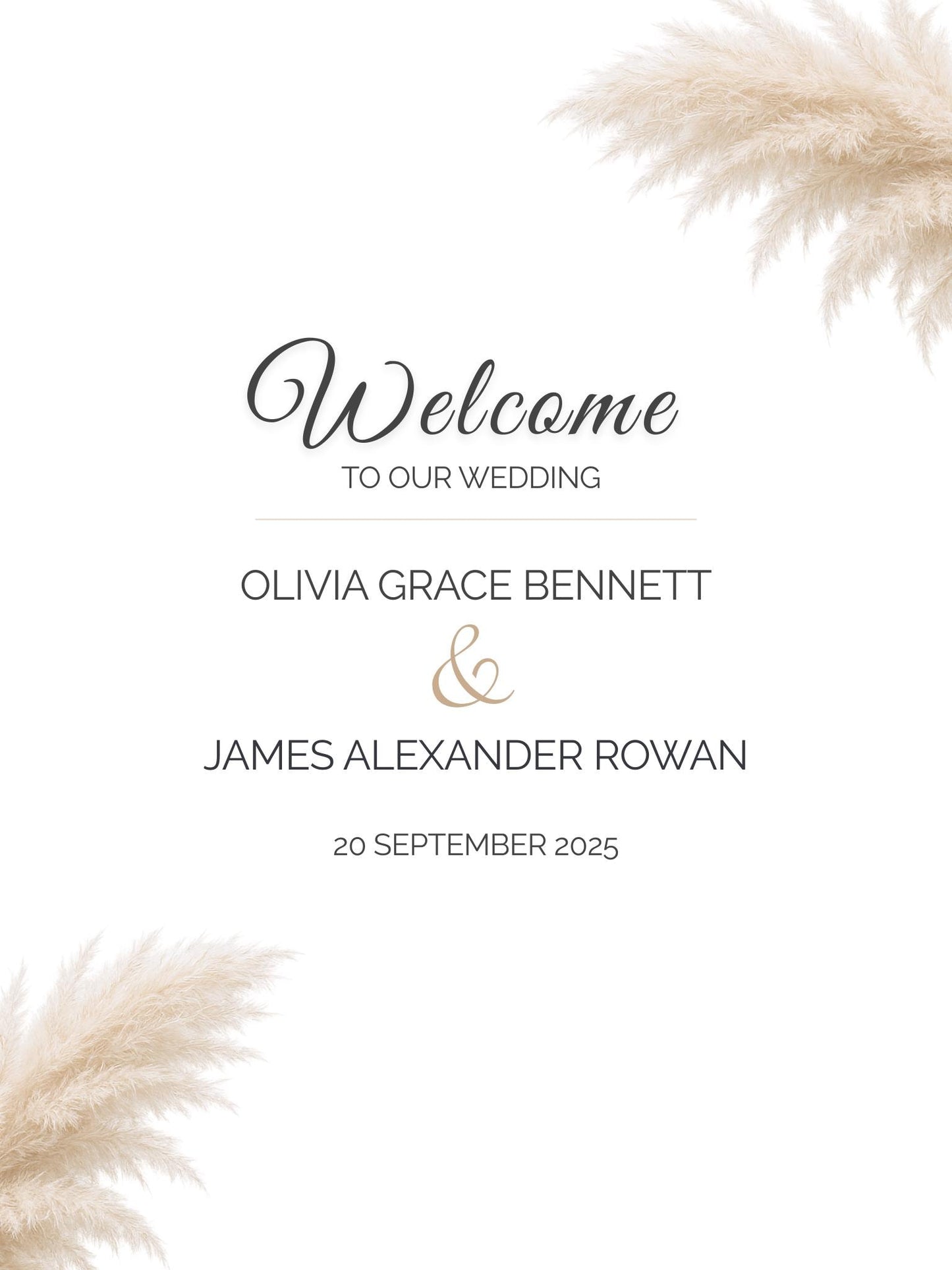 Wedding Welcome Sign Template Editable - Pampas Grass Boho Printable - Canva Wedding Sign - Elegant Modern Signage