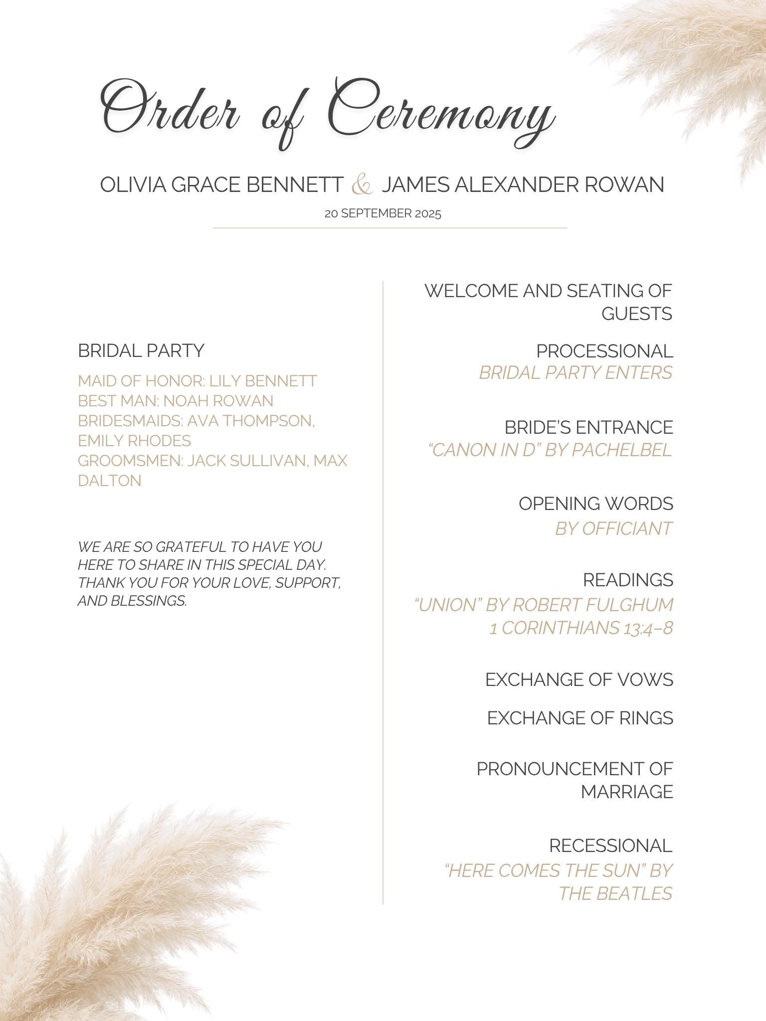 Order of Service Wedding Template - Pampas Grass Ceremony Program - Editable Canva Wedding Program - Boho Minimalist Design