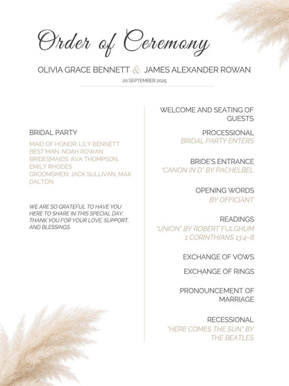 Order of Service Wedding Template - Pampas Grass Ceremony Program - Editable Canva Wedding Program - Boho Minimalist Design