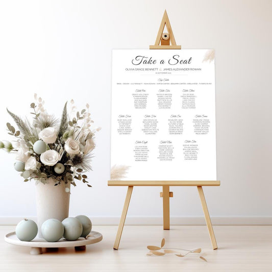 Wedding Seating Chart Template Editable - Pampas Grass Canva Sign - Boho Neutral Table Plan - Printable Wedding Signage