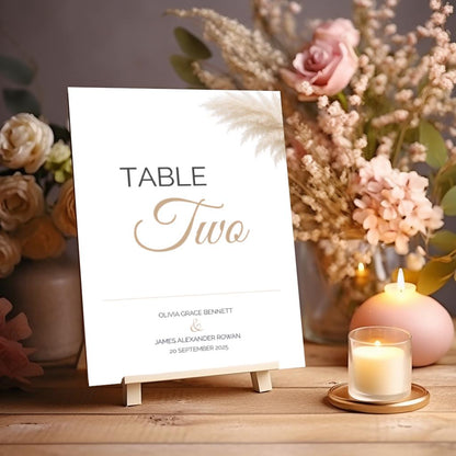 Wedding Table Number Template Editable - Pampas Grass Boho Table Sign - Canva Printable - Neutral Minimalist Wedding Decor
