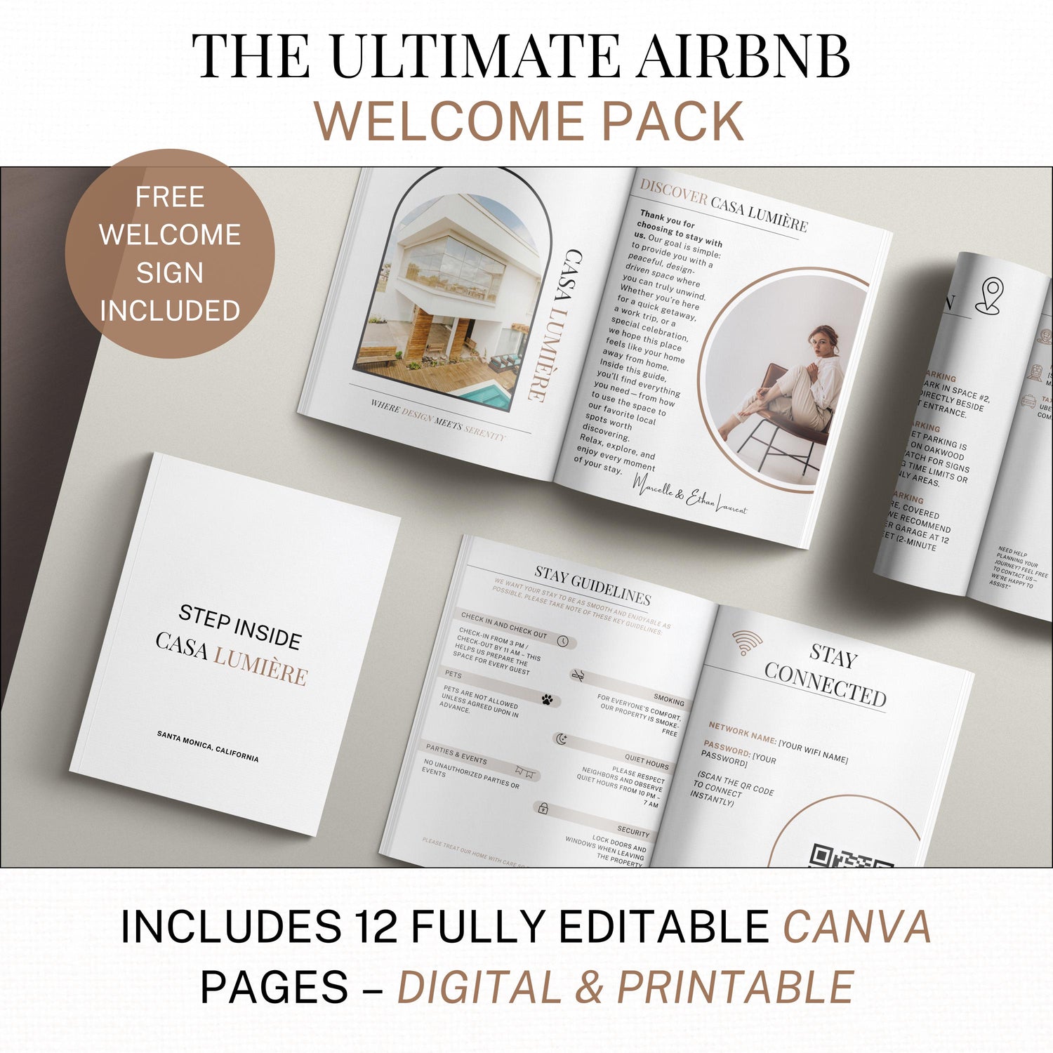 Professional Host Template System Digital Welcome Guide Creation Tool Complete Property Management Package Customizable Layout Design White Linen Background Options House Rules Template Collection Local Area Information Pages Instant Access