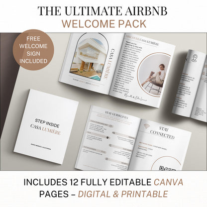 Professional Host Template System Digital Welcome Guide Creation Tool Complete Property Management Package Customizable Layout Design White Linen Background Options House Rules Template Collection Local Area Information Pages Instant Access