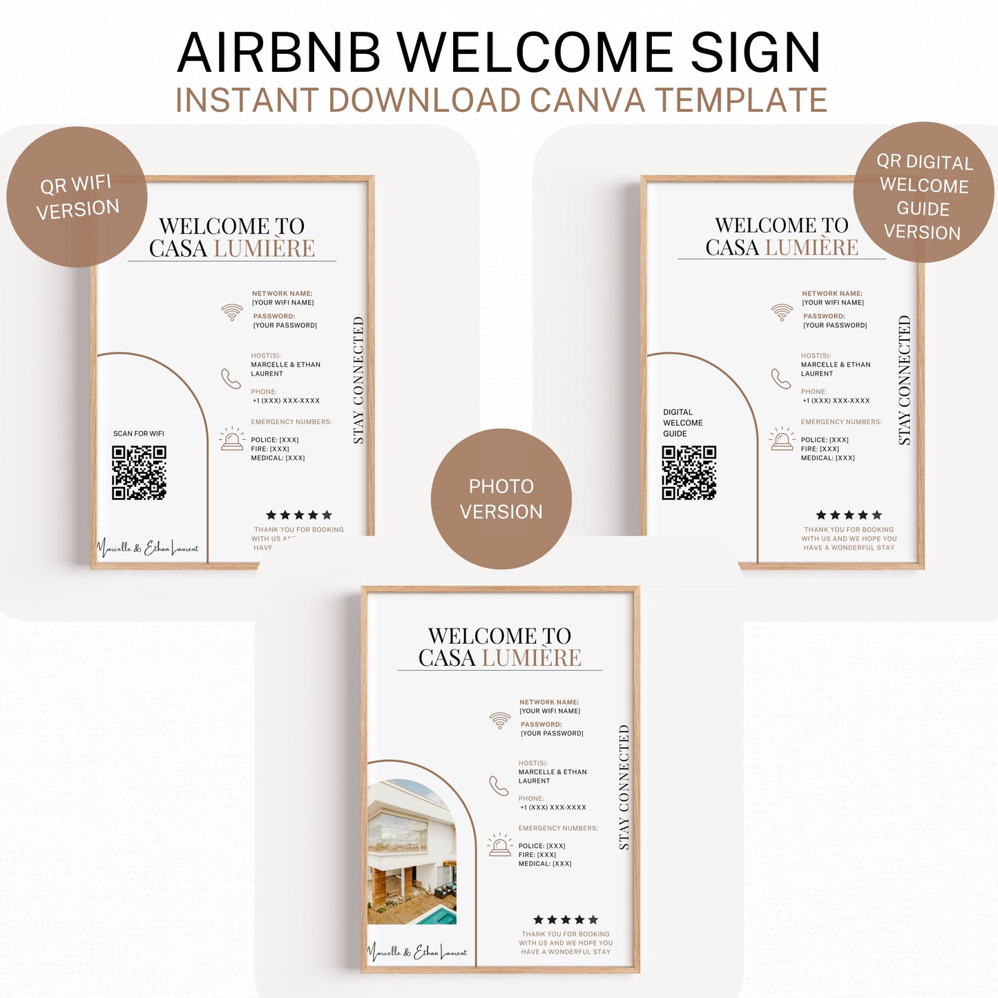 Professional Welcome Sign Template Digital Download Guest Information Display Property Management Guide Customizable Host Details Premium Quality Design Instant Access Template Modern Elegant Style Perfect Property Guide Essential Contact