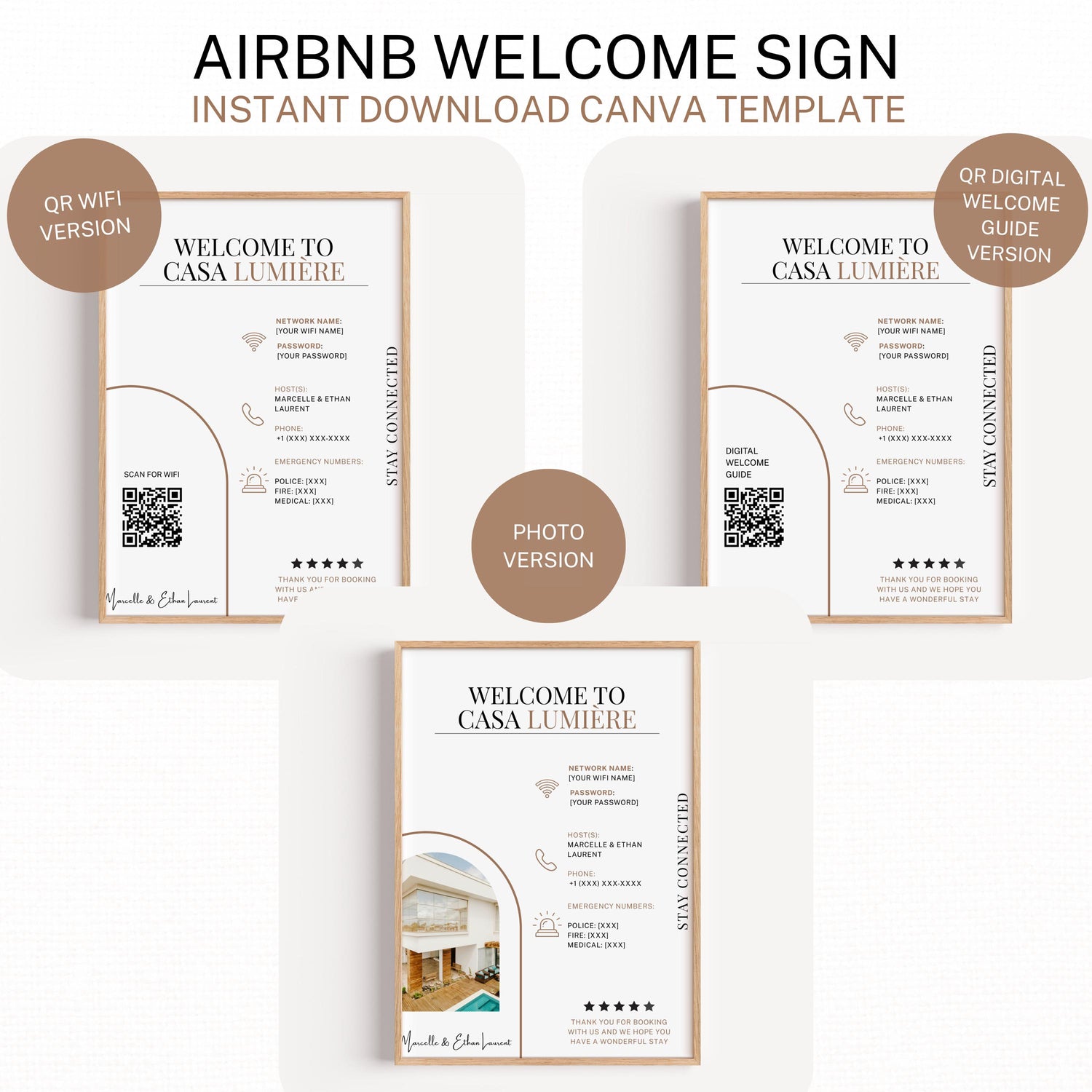 Professional Welcome Sign Template Digital Download Guest Information Display Property Management Guide Customizable Host Details Premium Quality Design Instant Access Template Modern Elegant Style Perfect Property Guide Essential Contact