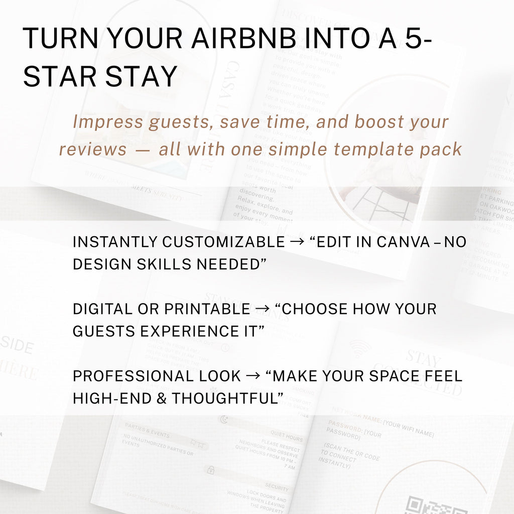 Vacation Rental Template Host Guide Digital Download Property Information Display Sign Welcome Guest Wifi Access Code Display Rental Details