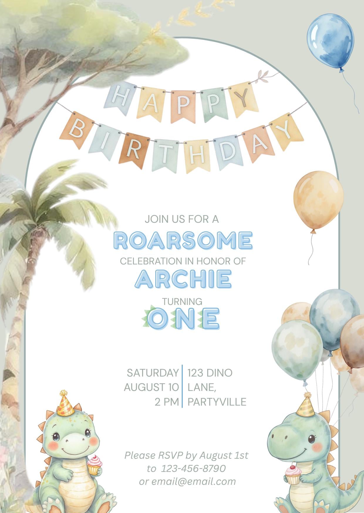 1st Birthday Invitation Customizable Dinosaur Editable Template Cute Watercolor Dino Party Invite for Boys or Girls Themed Birthday Canva