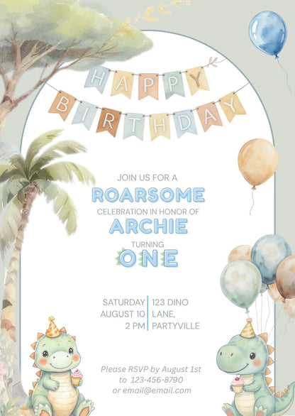 1st Birthday Invitation Customizable Dinosaur Editable Template Cute Watercolor Dino Party Invite for Boys or Girls Themed Birthday Canva