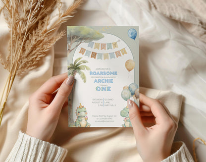1st Birthday Invitation Customizable Dinosaur Editable Template Cute Watercolor Dino Party Invite for Boys or Girls Themed Birthday Canva