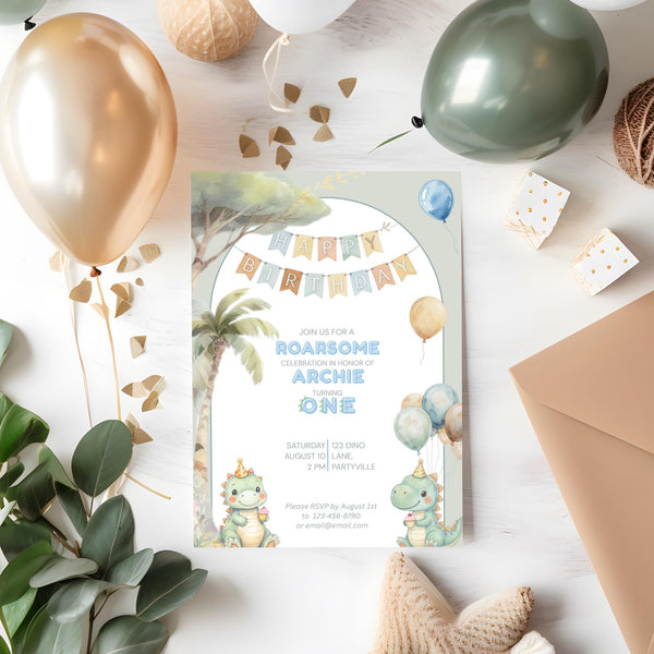 1st Birthday Invitation Customizable Dinosaur Editable Template Cute Watercolor Dino Party Invite for Boys or Girls Themed Birthday Canva