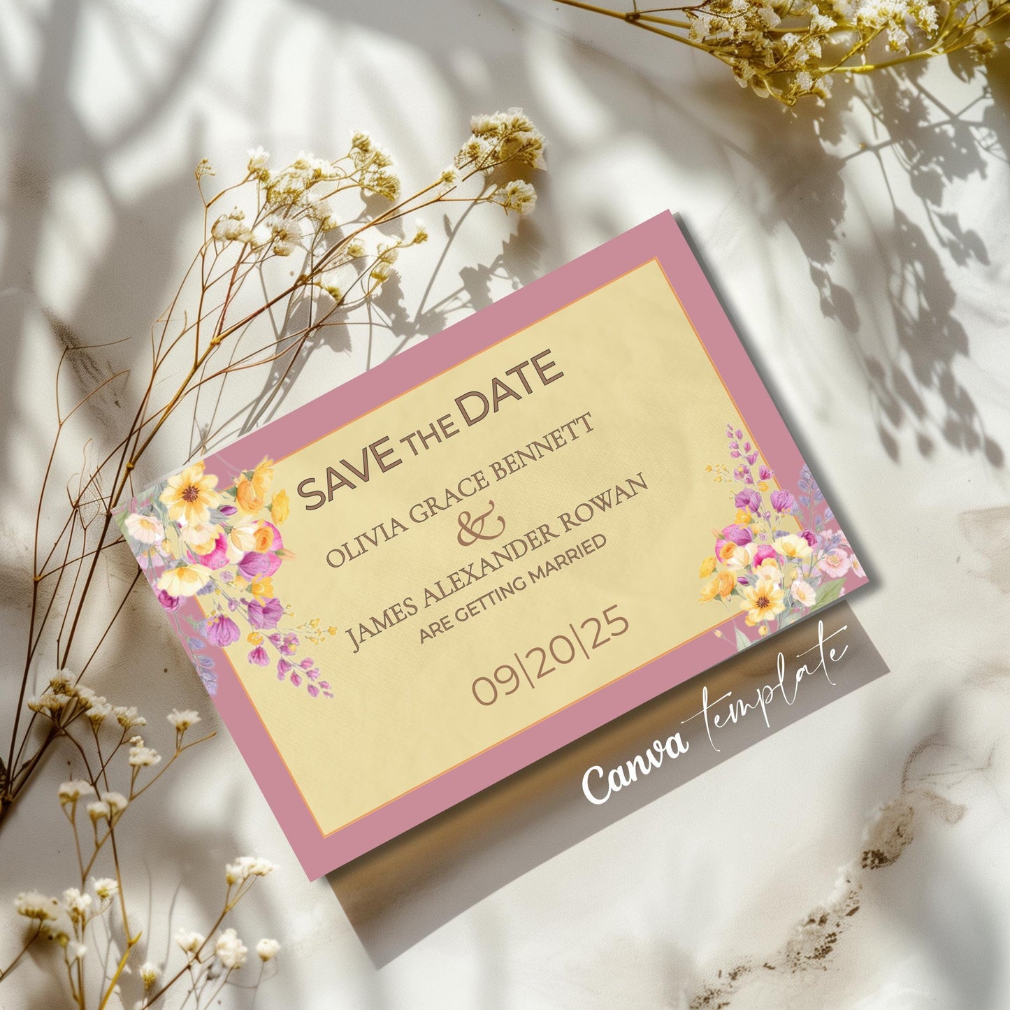 Digital Save The Date Floral Template Watercolor Design Wedding Invitation Gold Border Modern Template DIY Download Bride Card Customizable