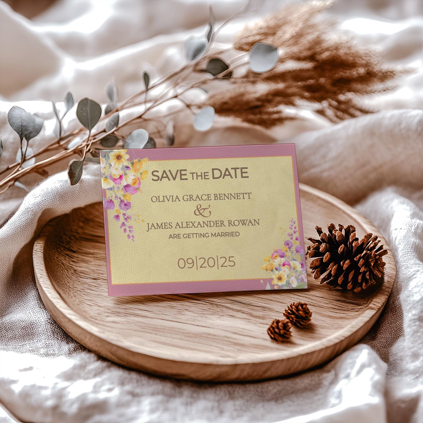 Digital Save The Date Floral Template Watercolor Design Wedding Invitation Gold Border Modern Template DIY Download Bride Card Customizable