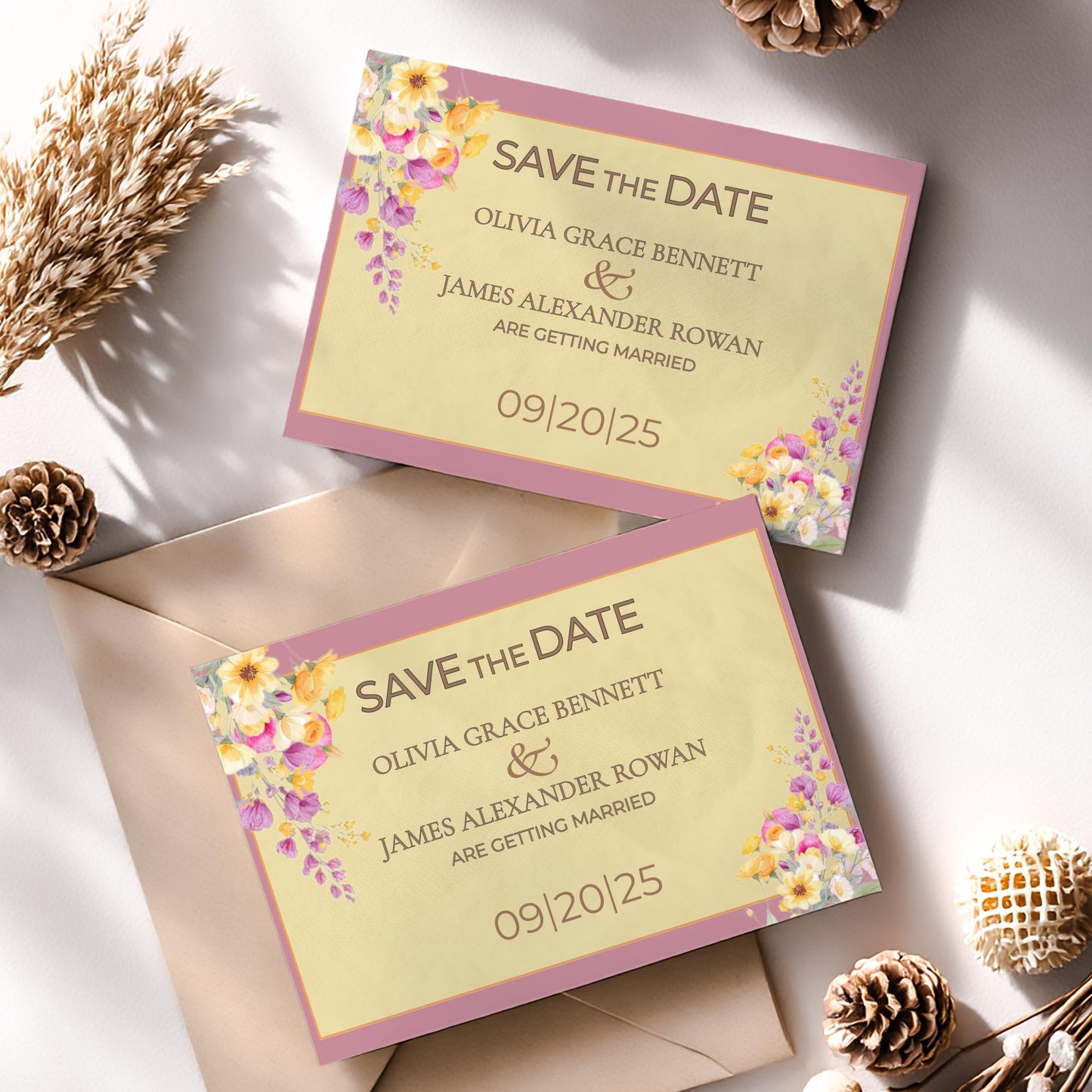 Digital Save The Date Floral Template Watercolor Design Wedding Invitation Gold Border Modern Template DIY Download Bride Card Customizable