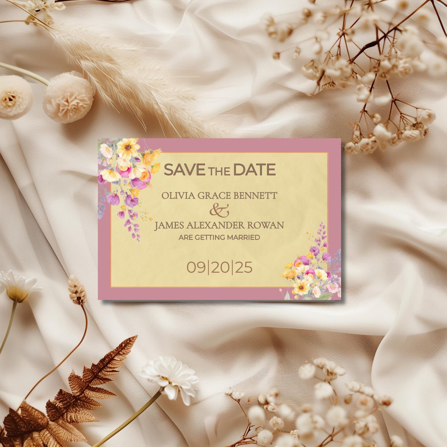 Digital Save The Date Floral Template Watercolor Design Wedding Invitation Gold Border Modern Template DIY Download Bride Card Customizable