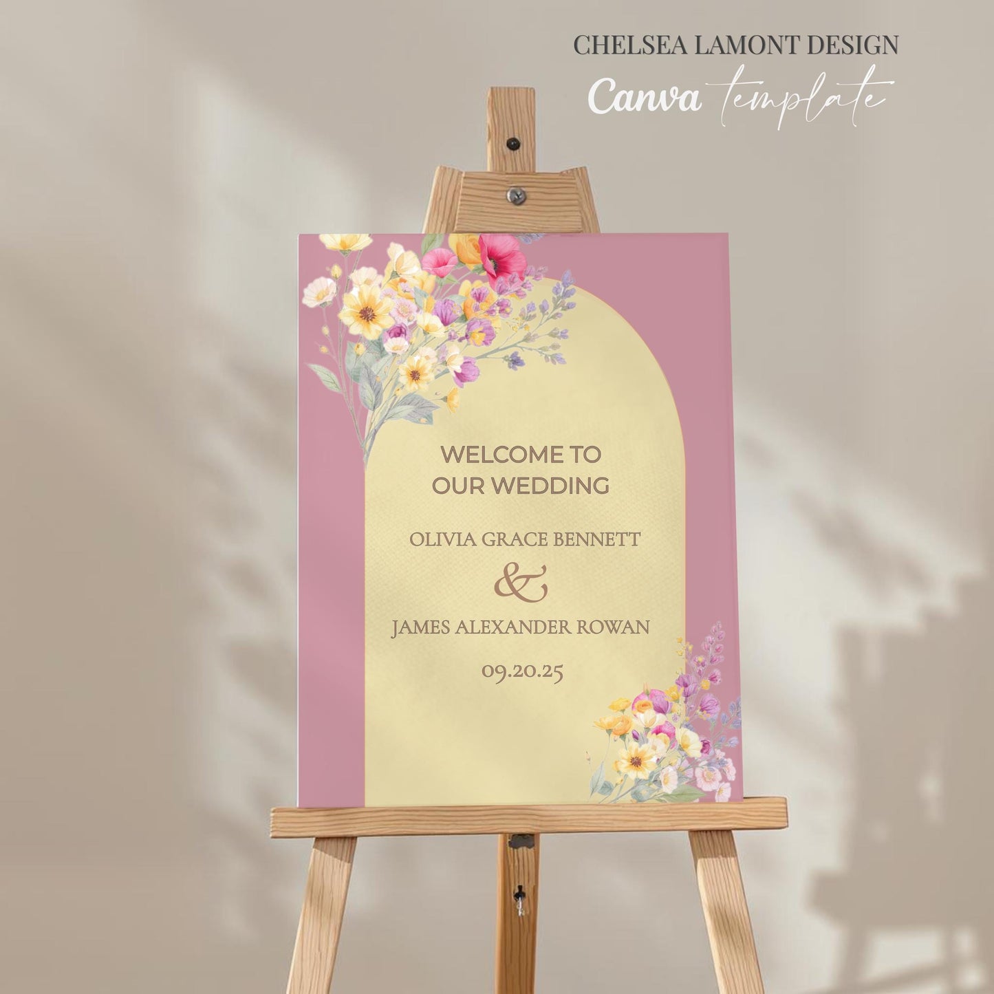 Digital Wedding Template Elegant Welcome Sign Floral Artwork Design Custom Wedding Display Romantic Botanical Elements Watercolor Style Arrangement Perfect Ceremony Entrance Beautiful Reception Display Customizable Text Layout Wedding