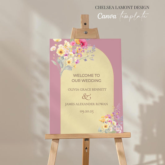 Digital Wedding Template Elegant Welcome Sign Floral Artwork Design Custom Wedding Display Romantic Botanical Elements Watercolor Style Arrangement Perfect Ceremony Entrance Beautiful Reception Display Customizable Text Layout Wedding