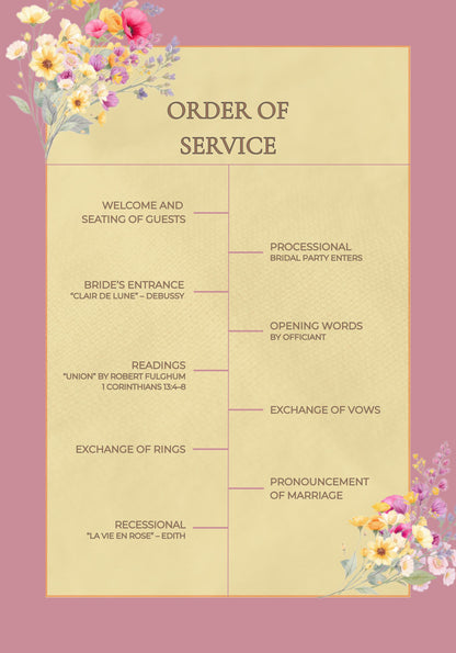 Wedding Ceremony Program Template Design Floral Invitation Template Download Digital File Format Guide Order Service Wedding Detail Elegant