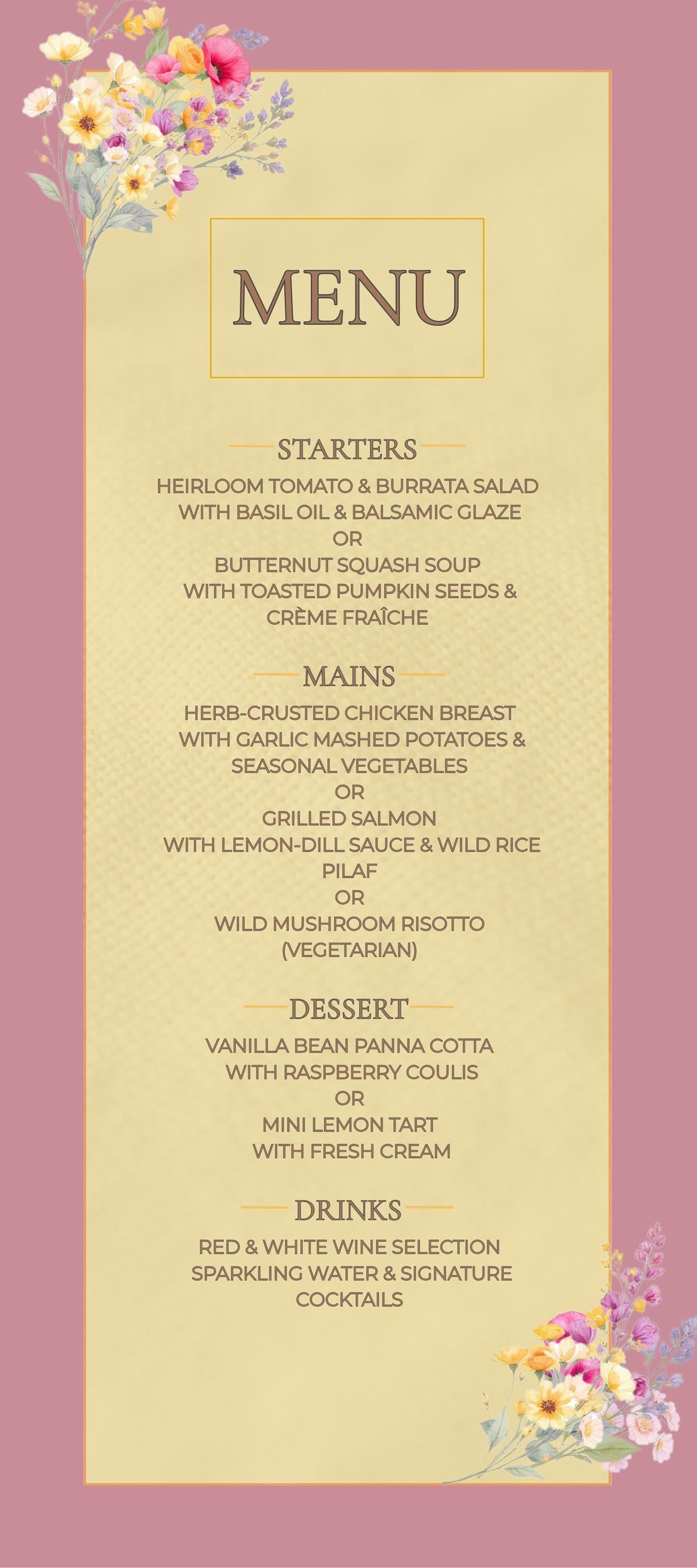 Wedding Menu Template Design Download Digital File Instant Access Bridal Stationery Wedding Reception Dinner Menu Table Display Elegant Look