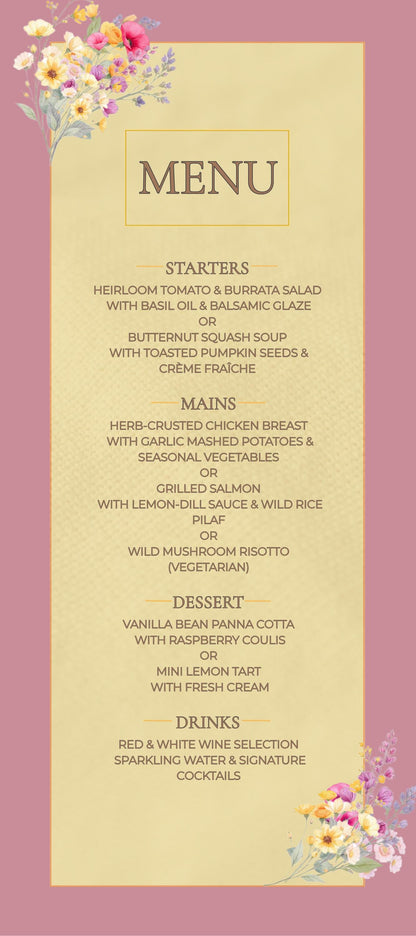 Wedding Menu Template Design Download Digital File Instant Access Bridal Stationery Wedding Reception Dinner Menu Table Display Elegant Look