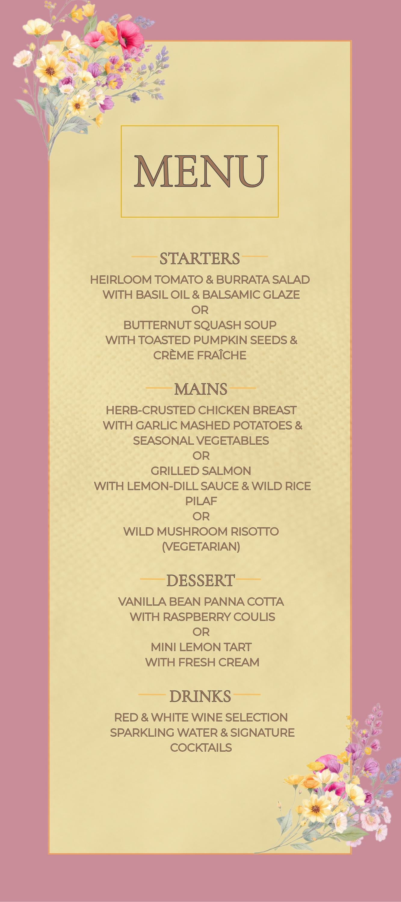 Wedding Menu Template Design Download Digital File Instant Access Bridal Stationery Wedding Reception Dinner Menu Table Display Elegant Look