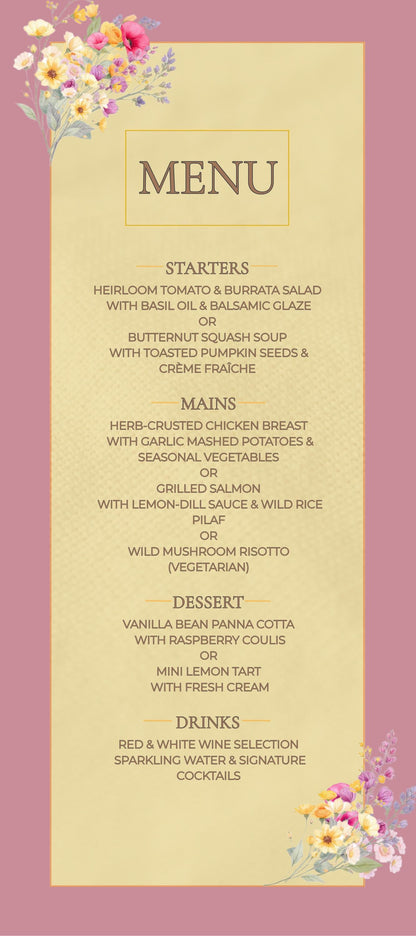 Wedding Menu Template Design Download Digital File Instant Access Bridal Stationery Wedding Reception Dinner Menu Table Display Elegant Look