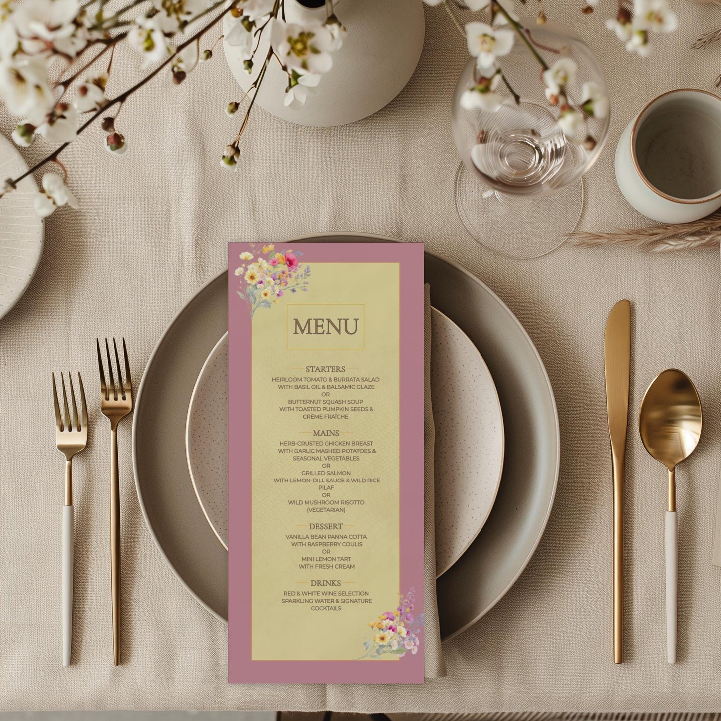 Wedding Menu Template Design Download Digital File Instant Access Bridal Stationery Wedding Reception Dinner Menu Table Display Elegant Look