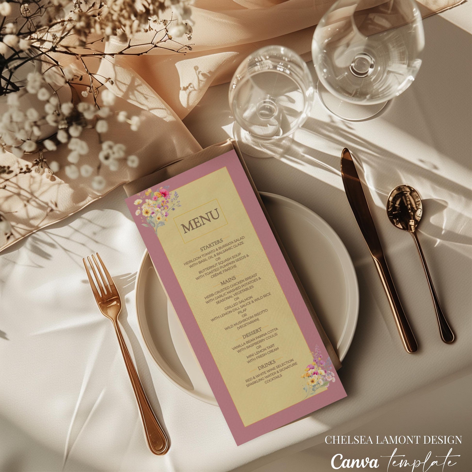 Digital Wedding Template Elegant Menu Design Instant Download Access Reception Table Display Watercolor Floral Border Gold Accent Details Custom Food Layout Beautiful Wedding Planning Essential Premium Quality Design Romantic Style Template
