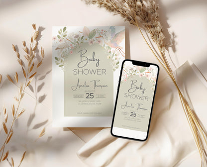 Baby Shower Invitation Design Template Canva Editing Digital Download Birth Announcement Gender Neutral Floral Design Arch Watercolor Art