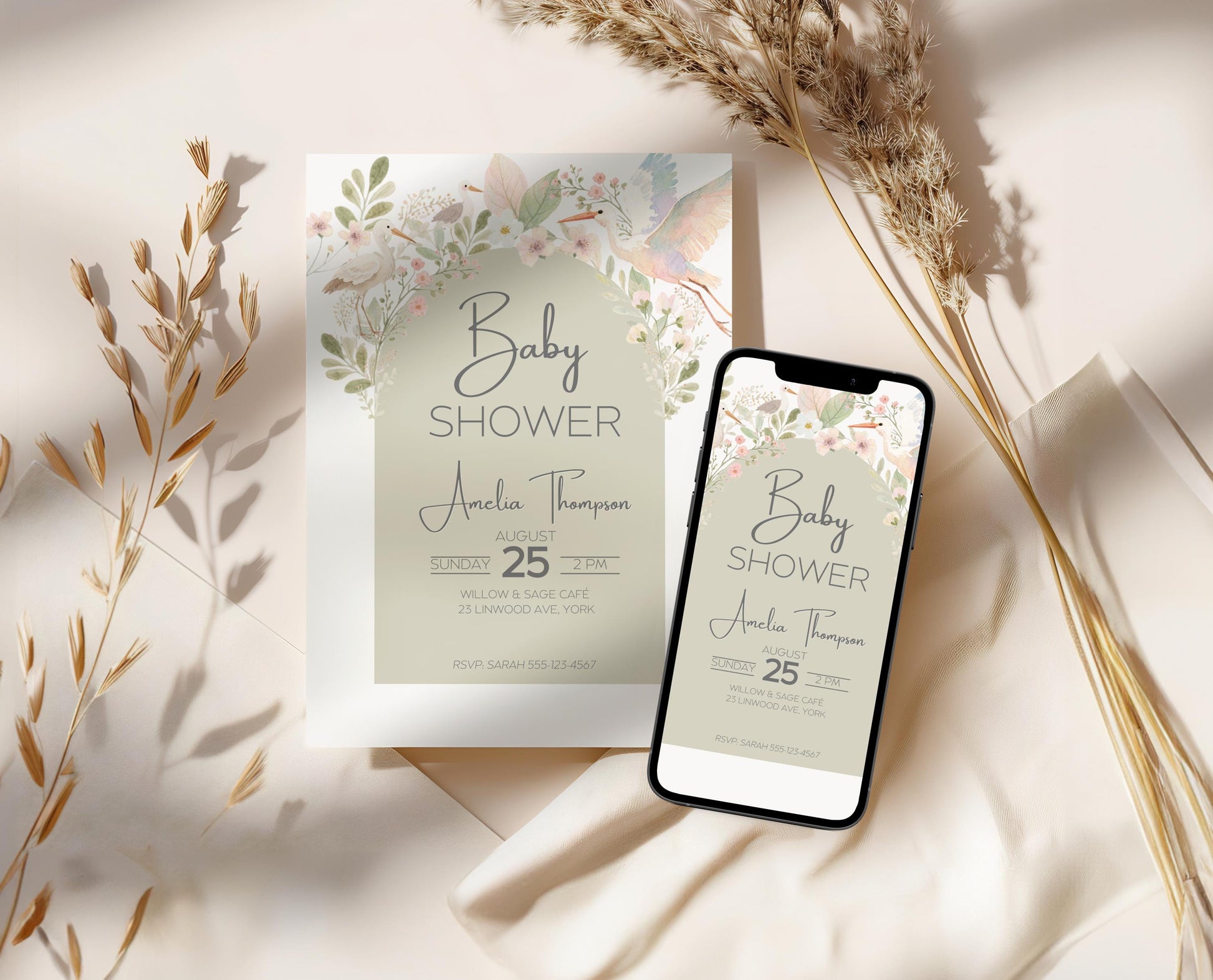 Baby Shower Invitation Design Template Canva Editing Digital Download Birth Announcement Gender Neutral Floral Design Arch Watercolor Art