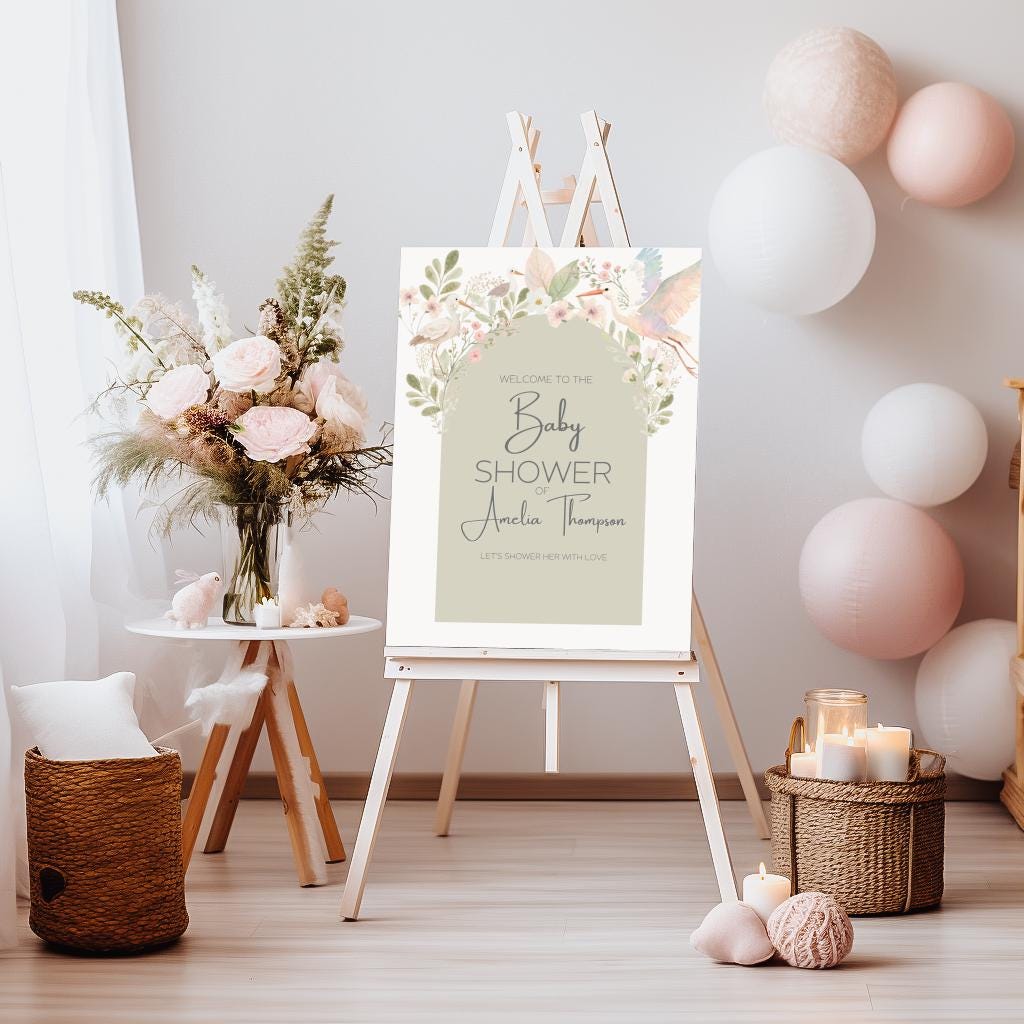 Baby Shower Template Digital Design Welcome Sign Floral Decoration Entrance Display Garden Theme Watercolor Bird Botanical Art Nursery Decor
