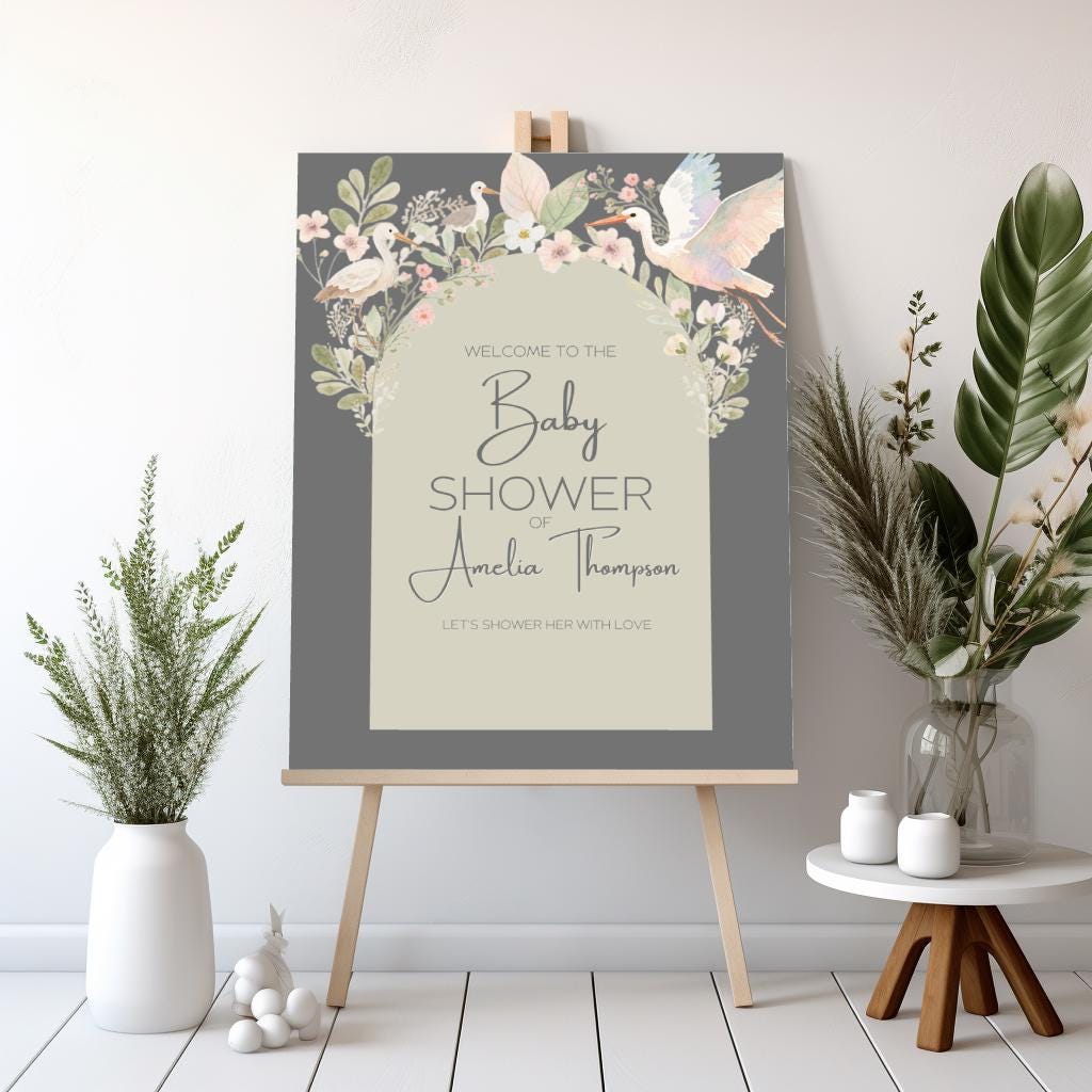 Baby Shower Welcome Sign Template Canva Design Sage Green Garden Decor Floral Accent Blush Pink Botanical Theme Party Decoration Entrance