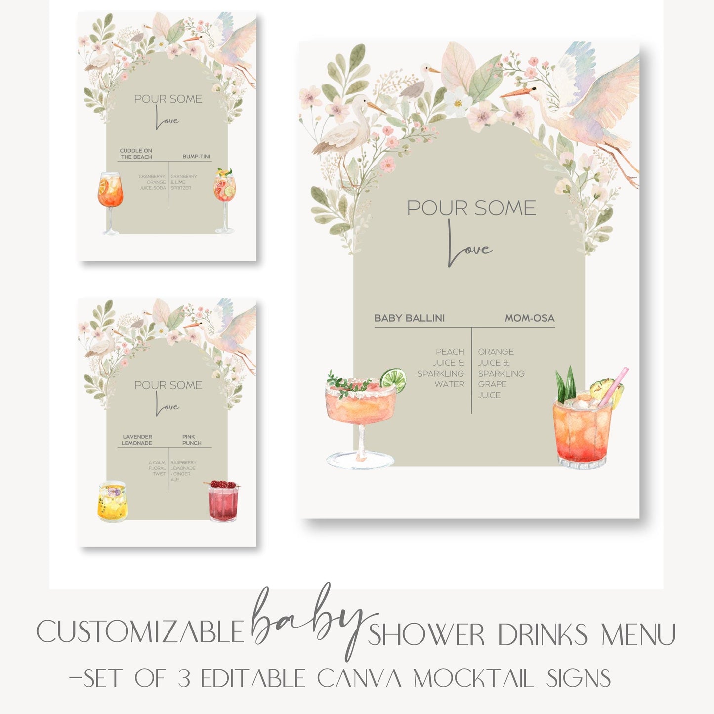 Baby Shower Menu Template Digital Download Collection Drink Station Sign Modern Party Design Floral Pattern Details Editable Canva Template Beautiful Celebration Package Custom Text Options Premium Quality Design Easy Edit Format Instant