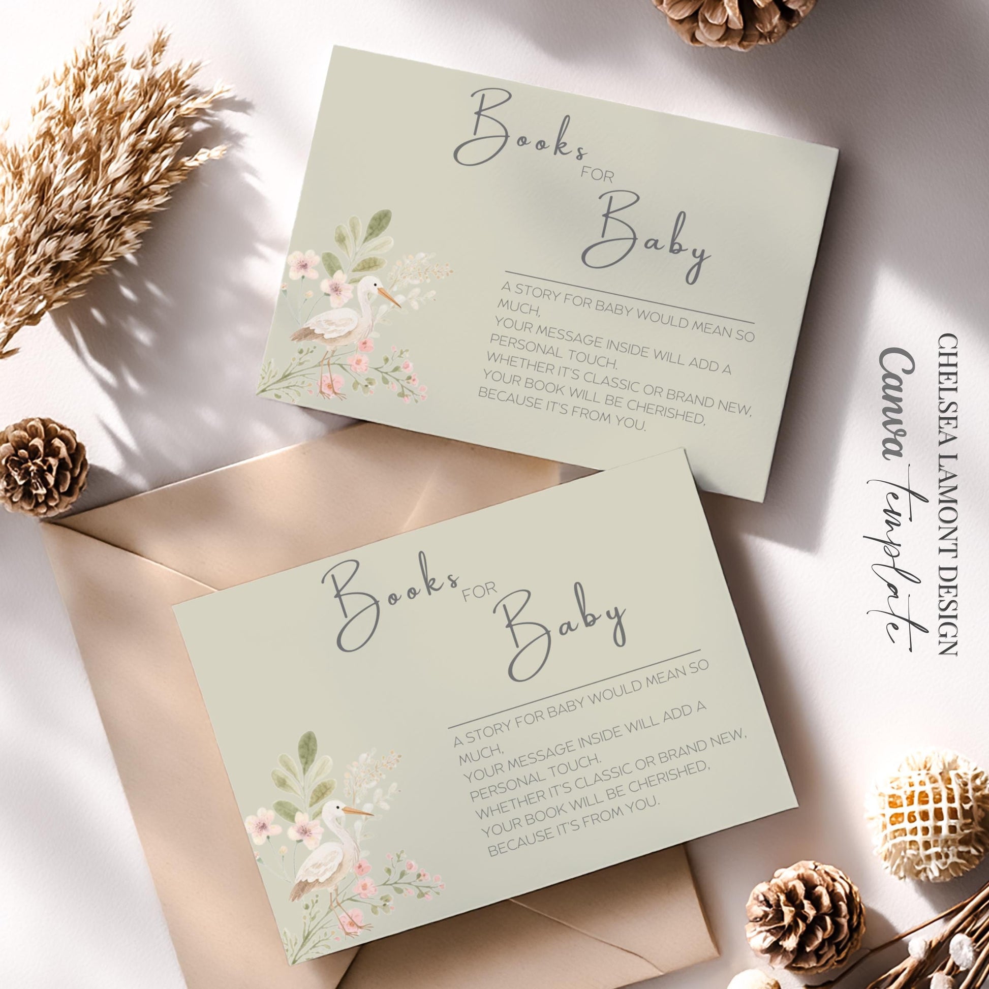 Digital Baby Shower Template Book Registry Card Instant Download Floral Design Elements Canva Editable Format Modern Typography Style Neutral Color Scheme Custom Book Request Insert Perfect Party Planning Essential Beautiful Invitation