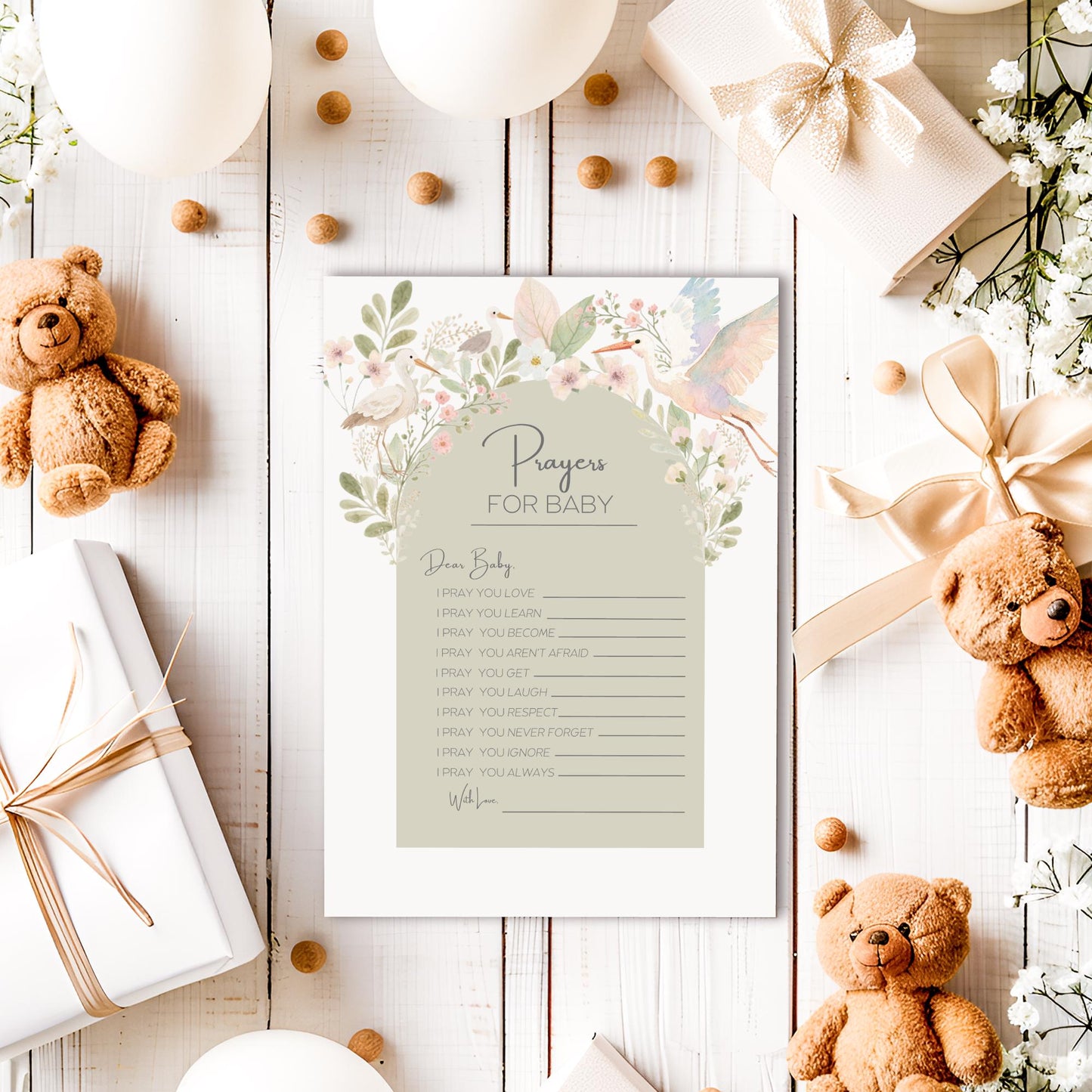 Baby Shower Activity Prayer Card Message Template Canva Design Floral Wishes Nursery Art Botanical Print Christening Favor Memory Book Baby