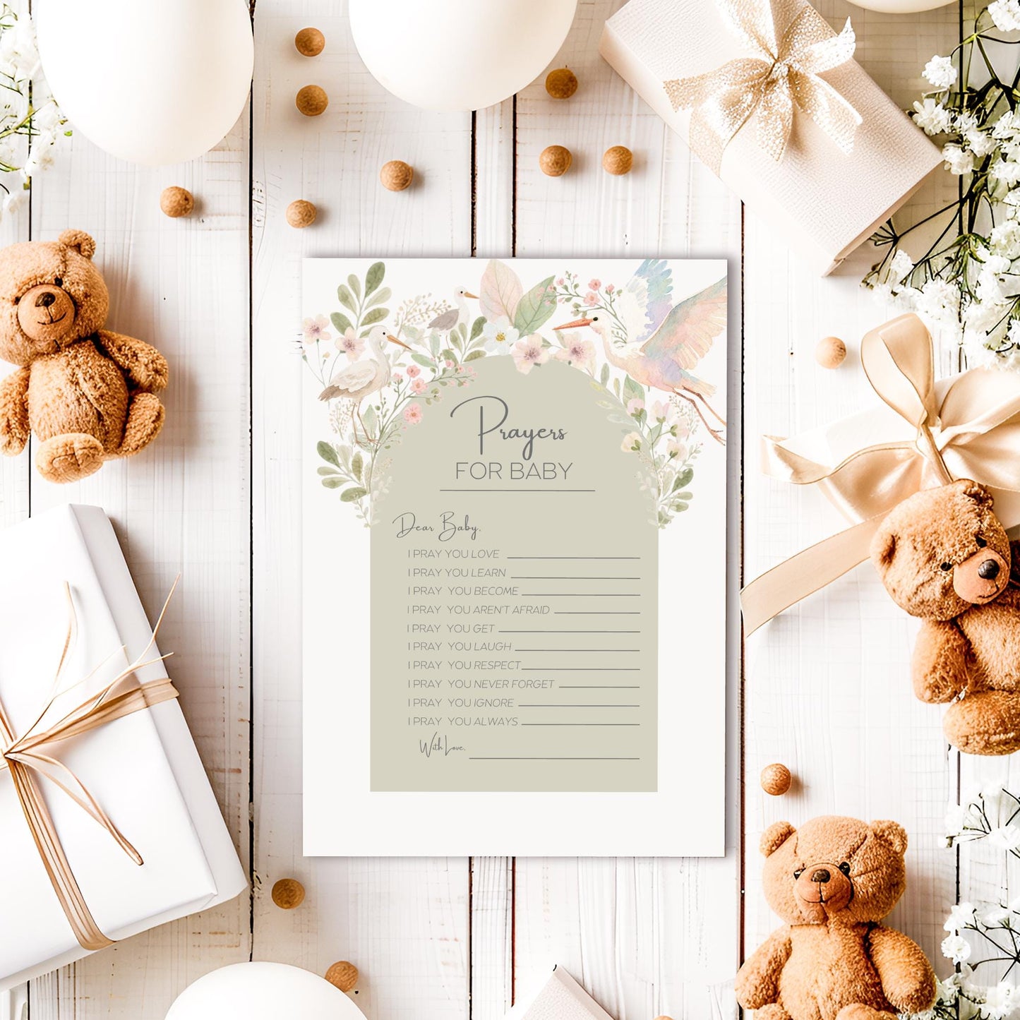 Baby Shower Activity Prayer Card Message Template Canva Design Floral Wishes Nursery Art Botanical Print Christening Favor Memory Book Baby