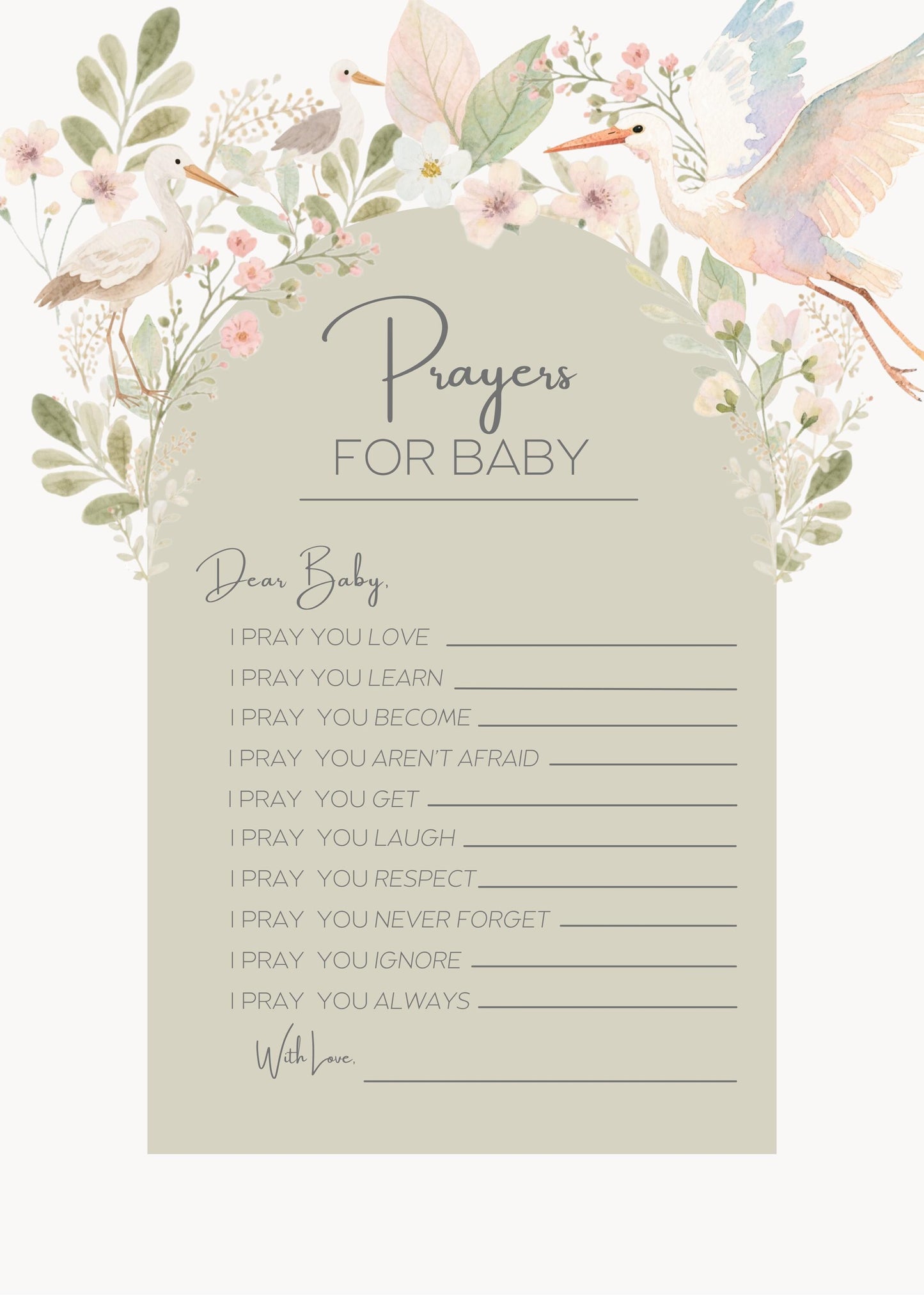 Baby Shower Activity Prayer Card Message Template Canva Design Floral Wishes Nursery Art Botanical Print Christening Favor Memory Book Baby