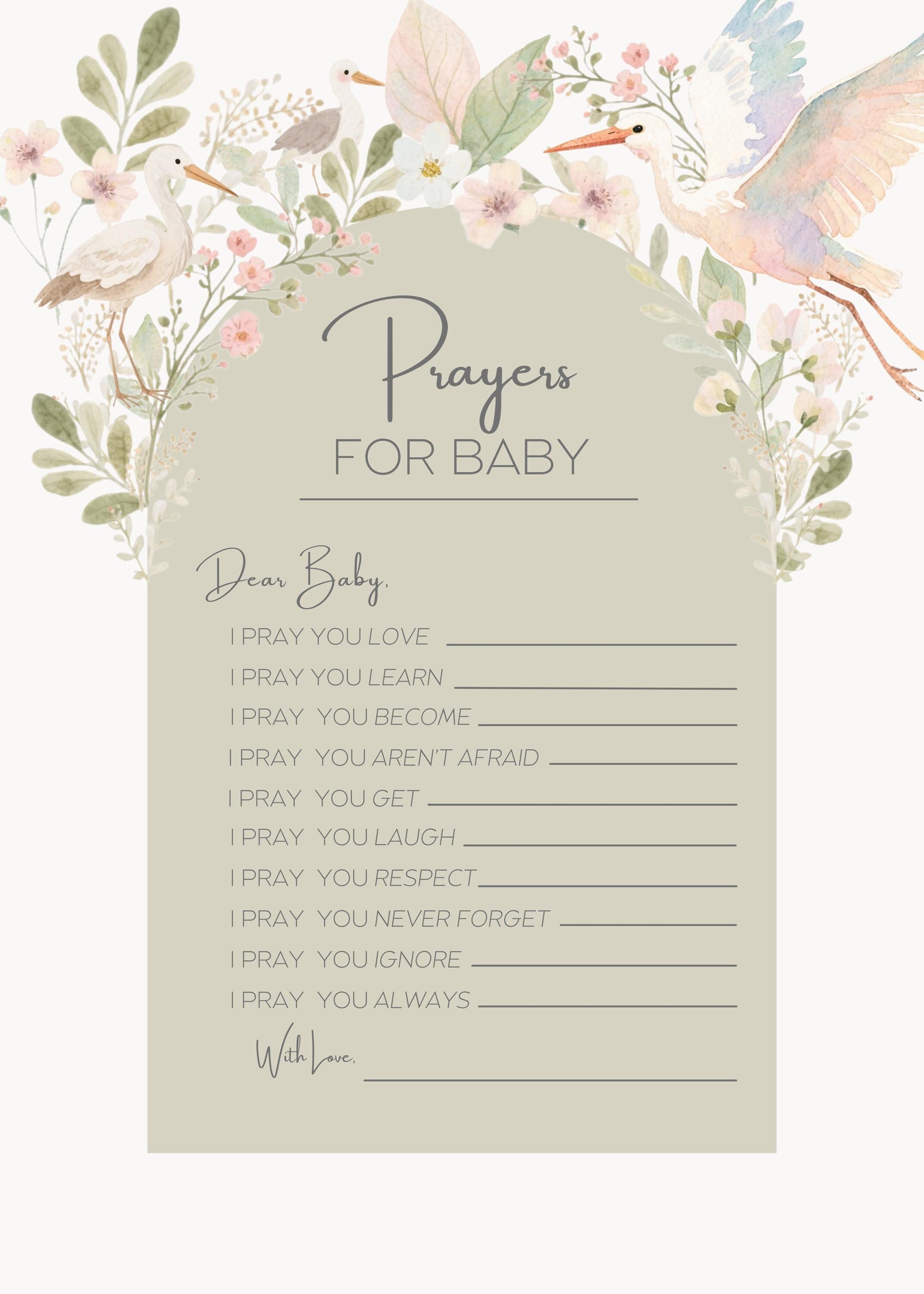 Baby Shower Activity Prayer Card Message Template Canva Design Floral Wishes Nursery Art Botanical Print Christening Favor Memory Book Baby