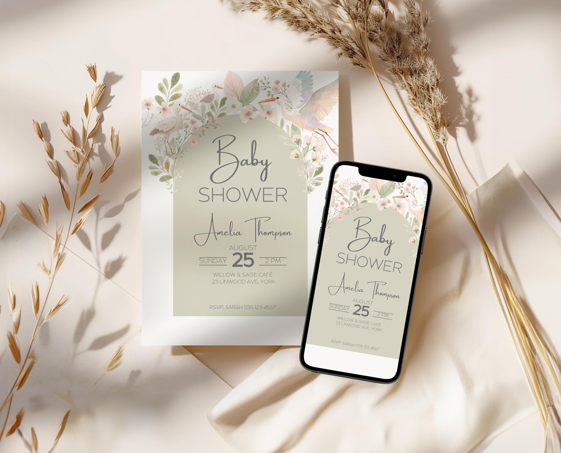 Baby Shower Invitation Suite Botanical Nursery Collection, Floral Design Digital Template Editable File Party Package Mother Gift Sage Green