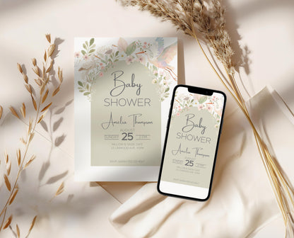 Baby Shower Invitation Suite Botanical Nursery Collection, Floral Design Digital Template Editable File Party Package Mother Gift Sage Green