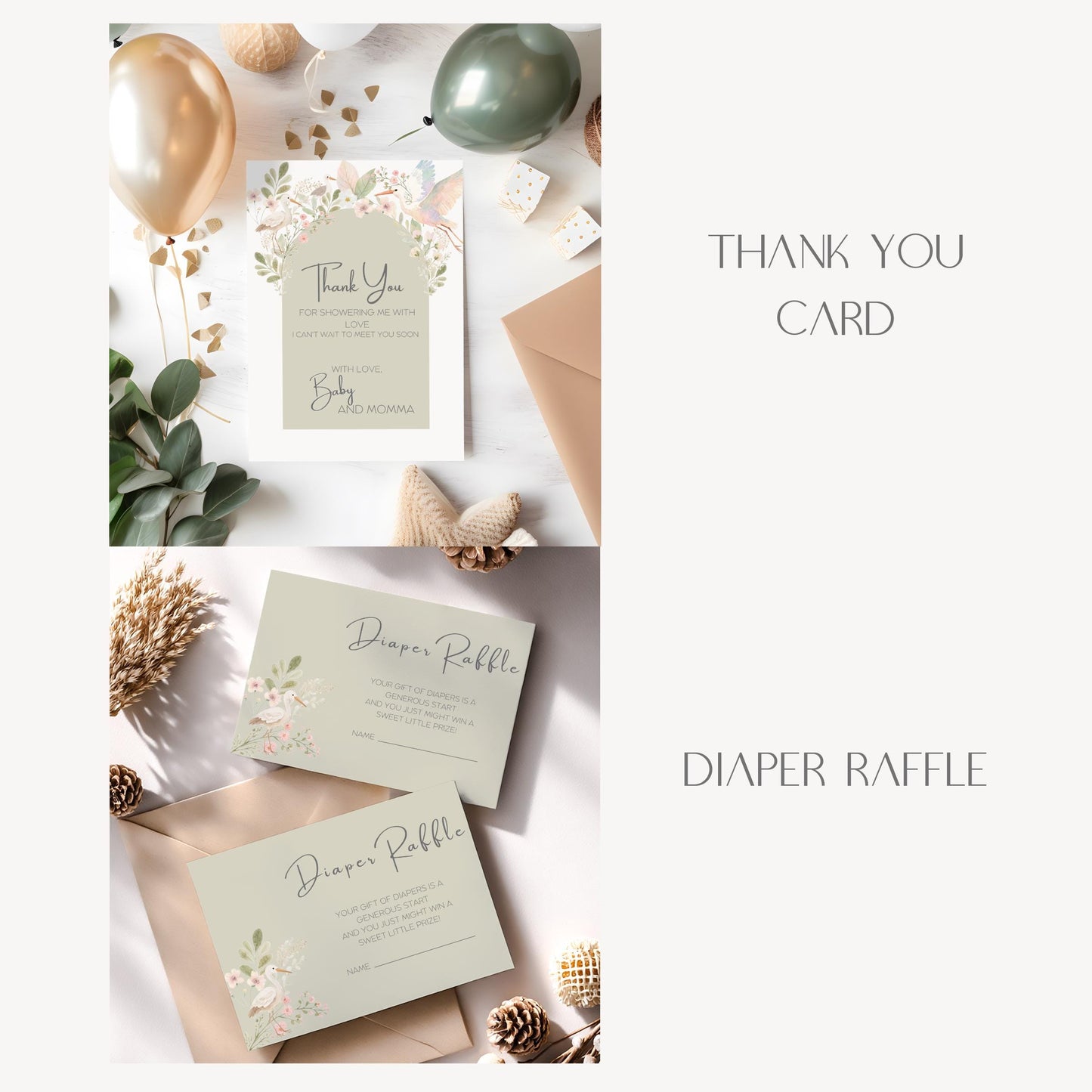 Baby Shower Invitation Suite Botanical Nursery Collection, Floral Design Digital Template Editable File Party Package Mother Gift Sage Green