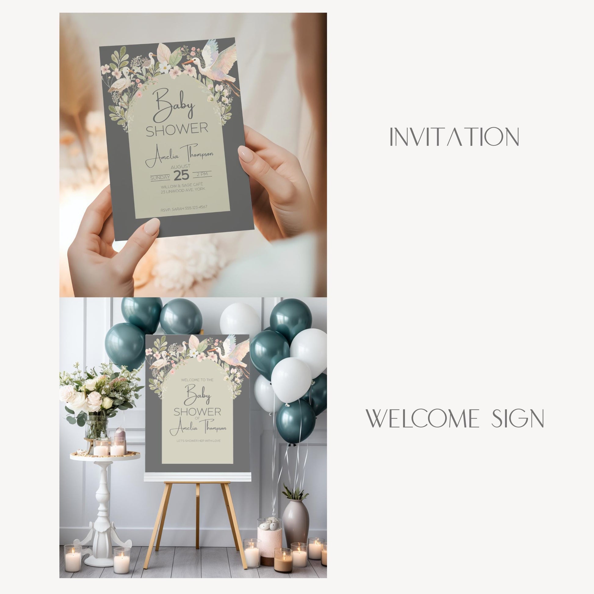 Digital Shower Template Baby Invitation Design Package Party Decoration Floral Accent Sage Green Nursery Theme Baby Shower Gift Set Canva