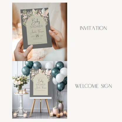 Digital Shower Template Baby Invitation Design Package Party Decoration Floral Accent Sage Green Nursery Theme Baby Shower Gift Set Canva