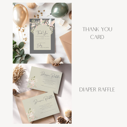 Digital Shower Template Baby Invitation Design Package Party Decoration Floral Accent Sage Green Nursery Theme Baby Shower Gift Set Canva