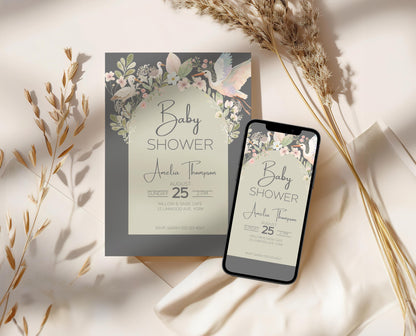 Digital Shower Template Baby Invitation Design Package Party Decoration Floral Accent Sage Green Nursery Theme Baby Shower Gift Set Canva